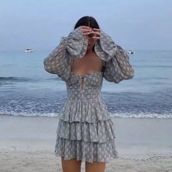 Floral Lace Up Corset Style Tiered Skirt Mini Dress with Fluted Sleeve - Picture 3 of 15